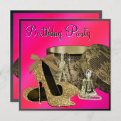 パールハイヒールシューズホットピンク女性誕生日 招待状 (正面/裏面)