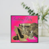 パールハイヒールシューズホットピンク女性誕生日 招待状 (スタンド正面)
