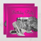 パールハイヒールシューズ女性ホットピンク誕生日 招待状 (正面/裏面)