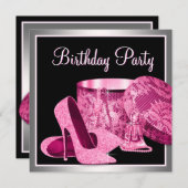 パールハイヒールシューズ女性ホットピンク誕生日 招待状 (正面/裏面)