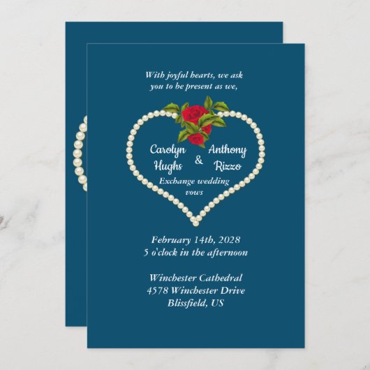 パールハートとレッドローゼバレンタニ結婚ーズ 招待状 (正面/裏面)