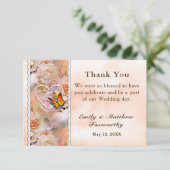 パールハートオレンジピンクローズバタフライ結婚ズ サンキューカード (スタンド正面)