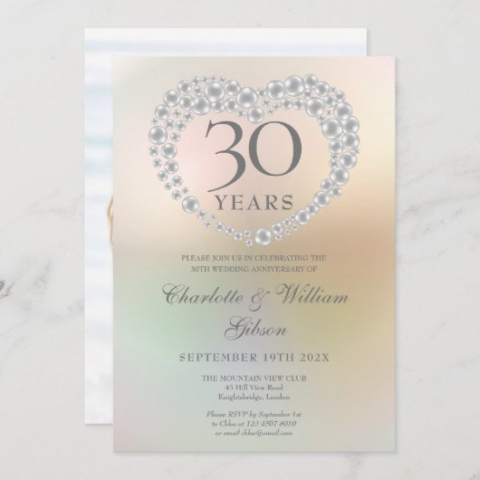 パールハート30周年結婚記念日写真 招待状 (正面/裏面)