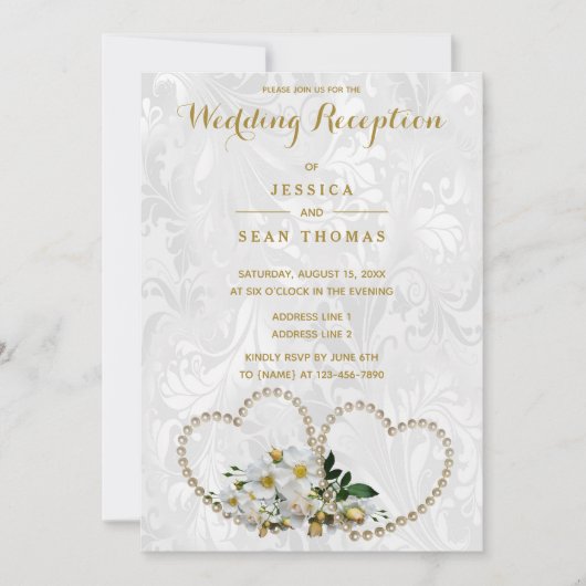 パールハート&フラワーズダマスクウェディング披露宴 招待状 (正面)
