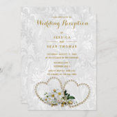パールハート&フラワーズダマスクウェディング披露宴 招待状 (正面/裏面)