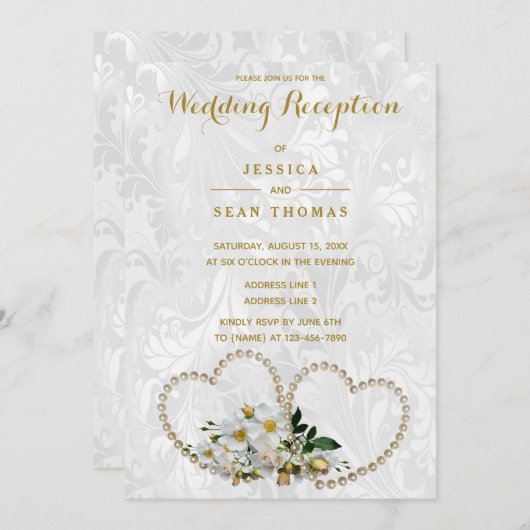 パールハート&フラワーズダマスクウェディング披露宴 招待状 (正面/裏面)