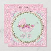 パールピかわいらしンクと緑の赤ちゃんシャワー 招待状 (正面/裏面)