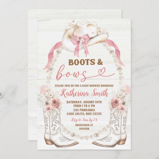 パールピンクの弓コケットブーツと弓ベビーシャワー 招待状 (正面/裏面)