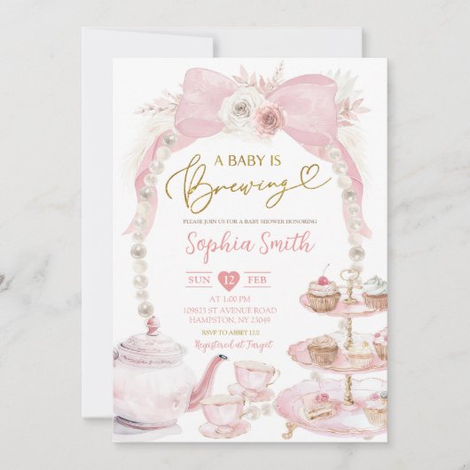 パールピンクボウティーパーティーベビーシャワー 招待状 (正面)