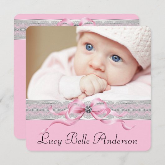 パールピンク赤ちゃん女の子の誕生のお知らせ 案内状 (正面/裏面)