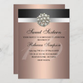 パールピンク&ブラックスウィート16誕生日招待状 招待状 (正面/裏面)