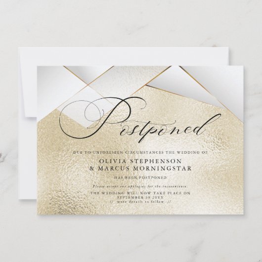 パールファセット付きモダンゴールド　延期された結婚式 招待状 (正面)