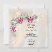パールフェイクとピンクダイヤモンドボタンブライダルシャワー 招待状 (正面)