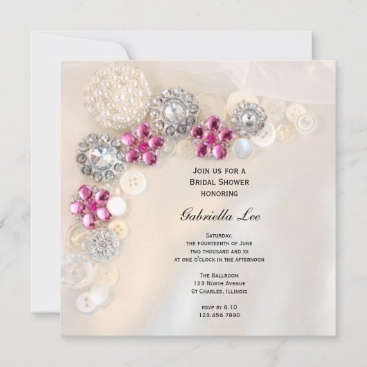 パールフェイクとピンクダイヤモンドボタンブライダルシャワー 招待状 (正面)