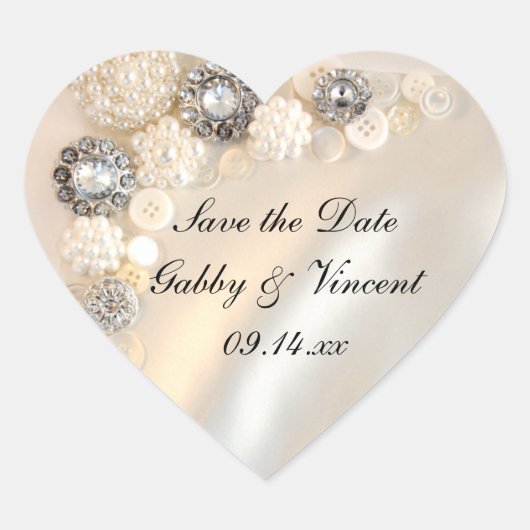 パールフェイクダイヤモンドボタンウェディング日付を保存 ハートシール (正面)