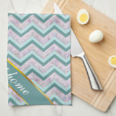 パールフローラティール(緑がかった色)ジグザグパターン キッチンタオル (四つ折り)