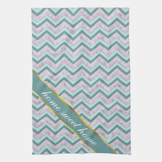 パールフローラティール(緑がかった色)ジグザグパターン キッチンタオル (縦)