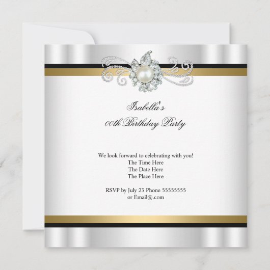 パールブラック金ゴールドホワイトダイヤモンドバースデーパーティー 招待状 (裏面)