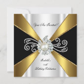 パールブラック金ゴールドホワイトダイヤモンドバースデーパーティー 招待状 (正面)