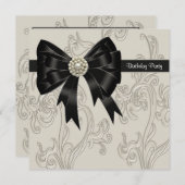 パールブラック&クリームスワール誕生日パーティー 招待状 (正面/裏面)