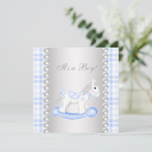 パールブルーギンガムロッキングホース男の赤ちゃんシャワー 招待状 (スタンド正面)