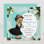 パールベビー&コブラックティール（緑がかった色）エスニックベビーガールシャワー 招待状 (正面/裏面)
