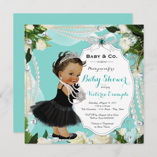 パールベビー&コブラックティール(緑がかった色)エスニックベビーガールシャワー 招待状 (正面/裏面)