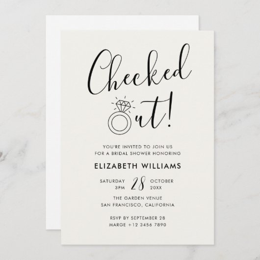 パールホワイトチェックアウトおもしろいモダンブライダルシャワー 招待状 (正面/裏面)