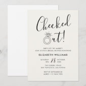 パールホワイトチェックアウトおもしろいモダンブライダルシャワー 招待状 (正面/裏面)