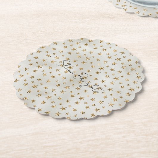 パールホワイト金ゴールドグリッタースパークルスターズ ペーパーコースター (アングル)