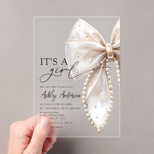 パールボウその女の子の赤ちゃんシャワー アクリル招待状 (インサイチュ (ポータブル))