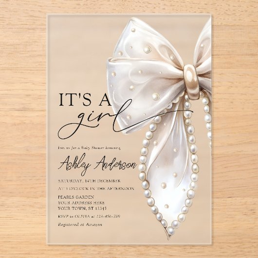 パールボウその女の子の赤ちゃんシャワー アクリル招待状 (正面)