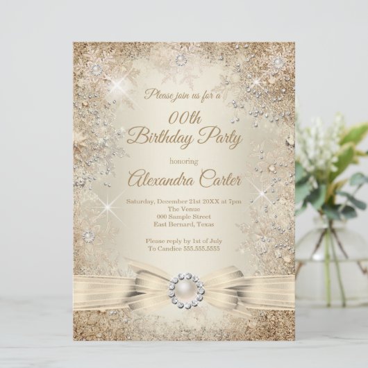 パールボウベージュクリーム金ゴールドスノーフレーク誕生日 招待状 (スタンド正面)