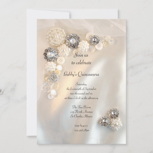 パールボタンフェイクとダイヤモンドボタンキンセニェラパーティー 招待状 (正面)