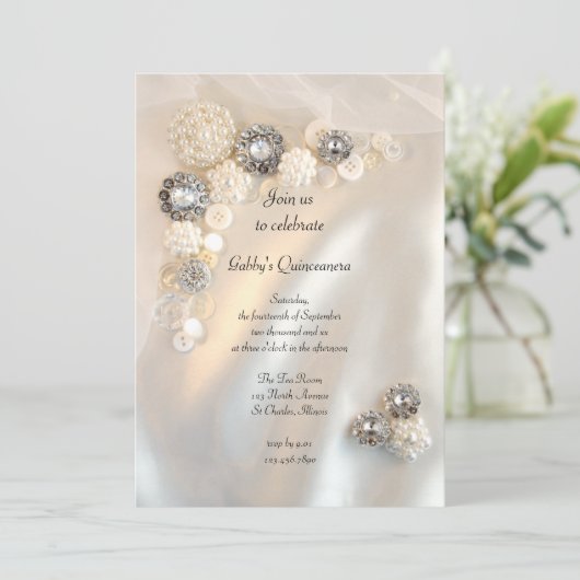 パールボタンフェイクとダイヤモンドボタンキンセニェラパーティー 招待状 (スタンド正面)