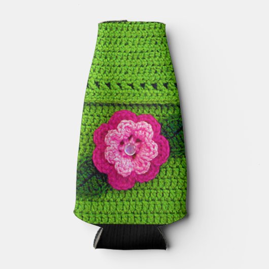 パールボタン付きピンクの花ライトグリーンクロシェ ボトルクーラー (正面)