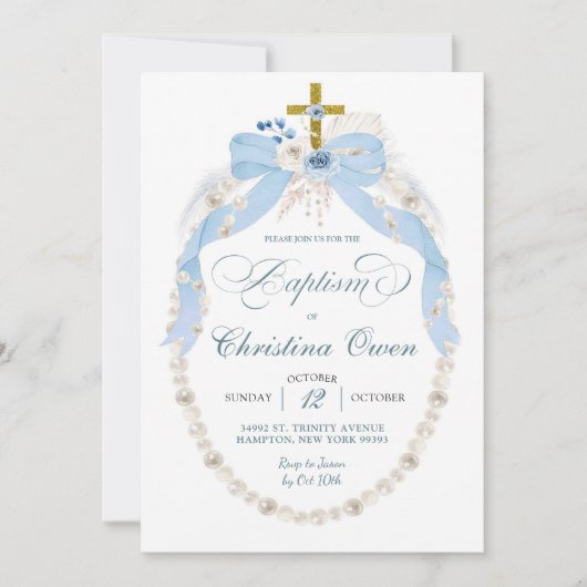 パールボホブルーフローラボーイバプテスマ招待状 招待状 (正面)