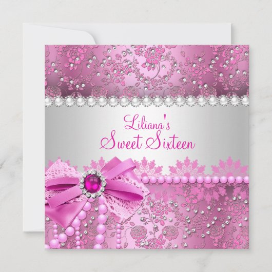 パールボーかわいらしレースピンクシルバースウィート16 招待状 (正面)