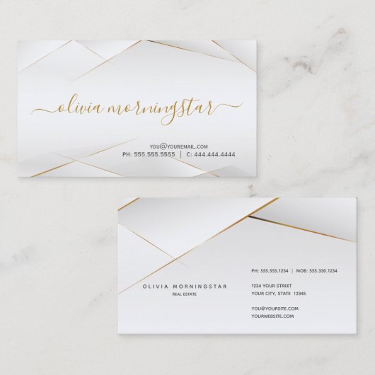 パールモダンホワイトおよび金ゴールド幾何学模様 名刺 (正面/裏面)