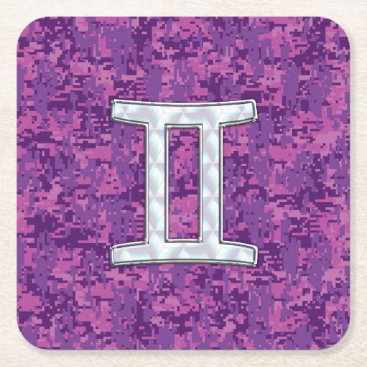 パールライクジェミニ〔占星術の〕十二宮図サインオンデジタル迷彩柄 スクエアペーパーコースター (正面)