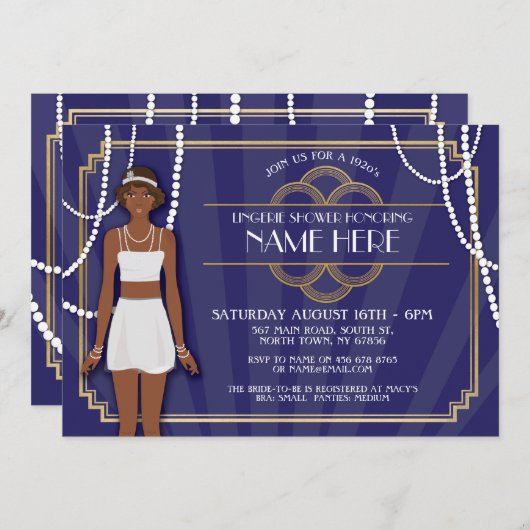 パールリンジェリーシャワーティーズ金ゴールドネイビー招待状 招待状 (正面/裏面)
