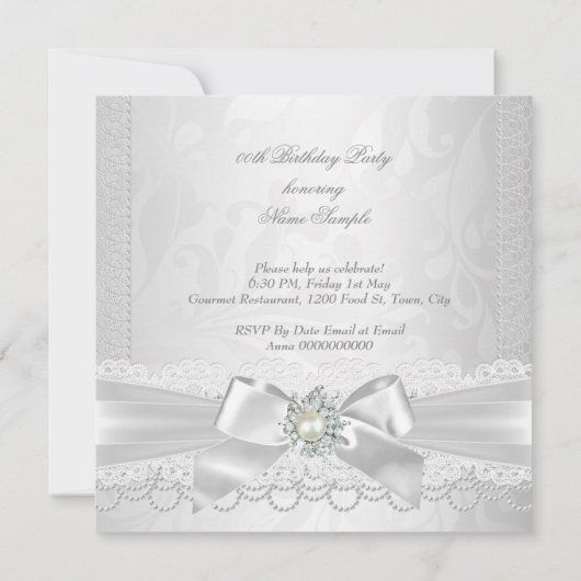 パールレースダマスクダイヤモンドシルバーホワイトボウパーティー 招待状 (裏面)