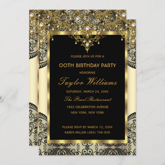 パールレース金ゴールドクリームグラマールバースデーパーティー 招待状 (正面/裏面)