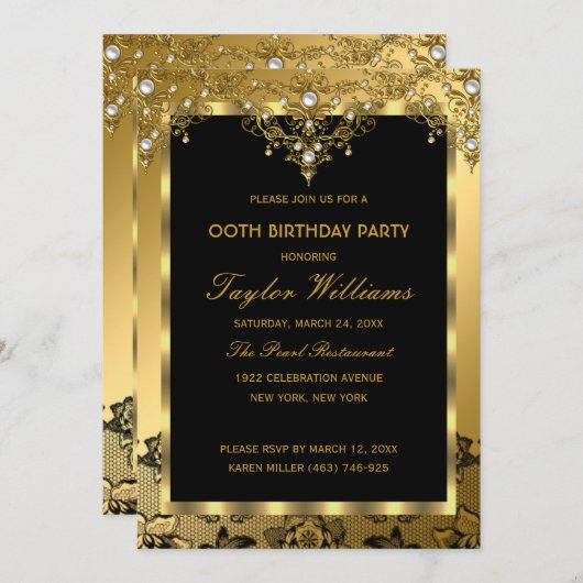 パールレース金ゴールドヴィンテージグラマールバースデーパーティー 招待状 (正面/裏面)