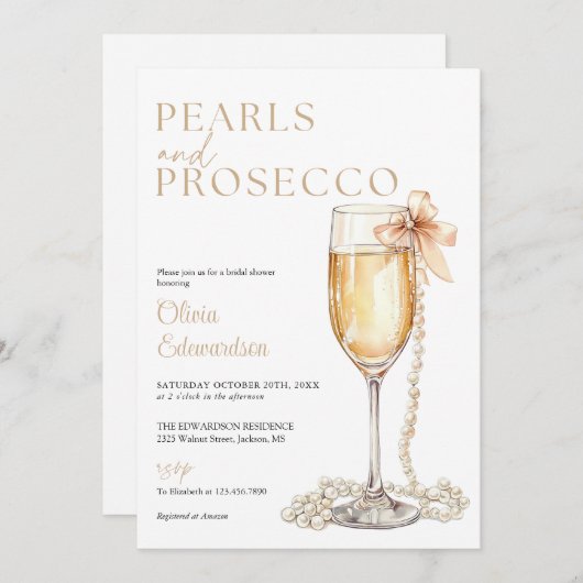 パール及びプロセッコエレガントブライダルシャワー 招待状 (正面/裏面)