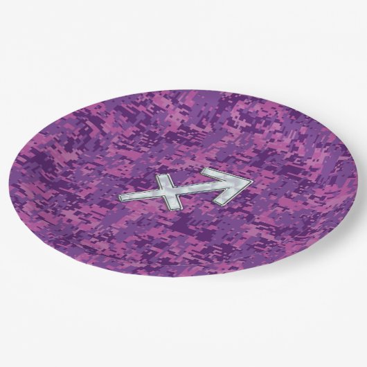 パール射手座〔占星術の〕十二宮図標識明るい赤紫色デジタル迷彩柄 ペーパープレート (アングル)