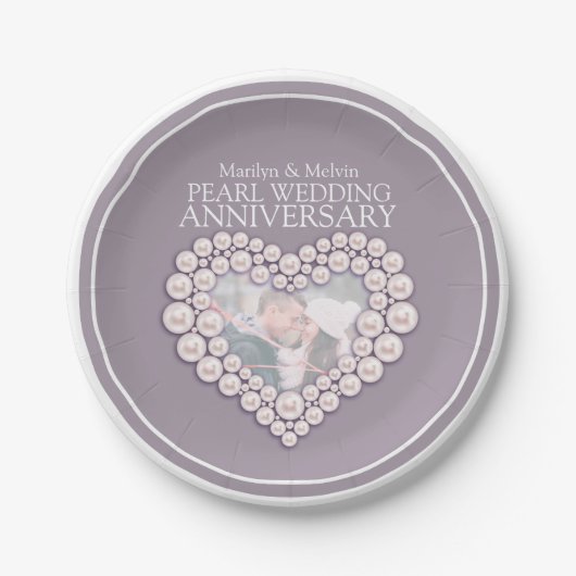 パール結婚記念写真ハート紙プレート ペーパープレート (正面)