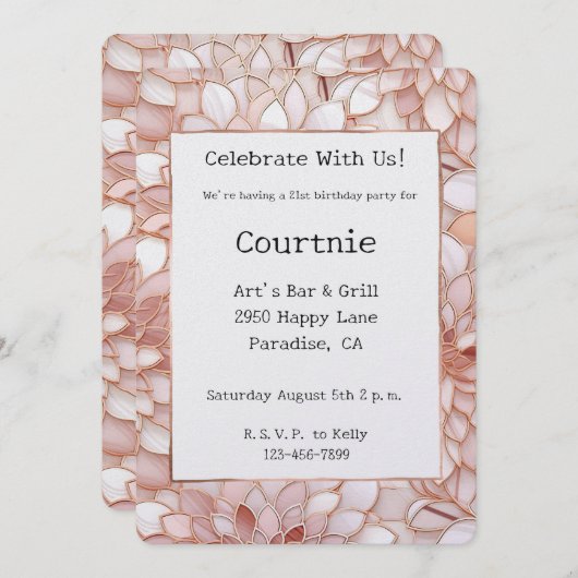 パール赤面ピンクローズフローラ誕生日 招待状 (正面/裏面)