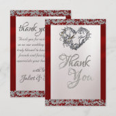 パール、エレガントレッドリボン、スパークル サンキューカード (正面/裏面)