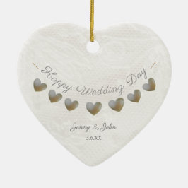 パール&クリームレースハートバンティンビンテージウェディング セラミックオーナメント